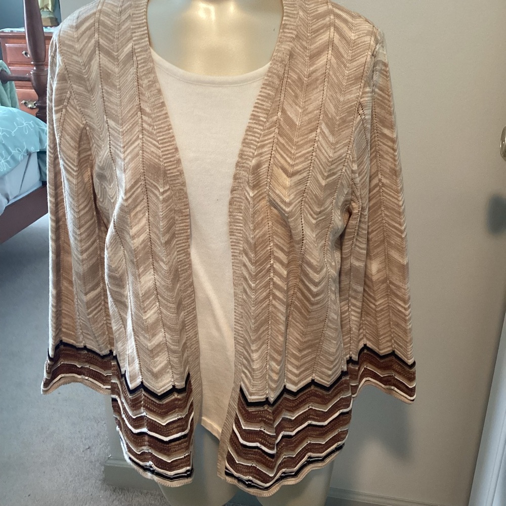 Alfred Dunner Beige Chevron Open Cardigan with Brown Trim